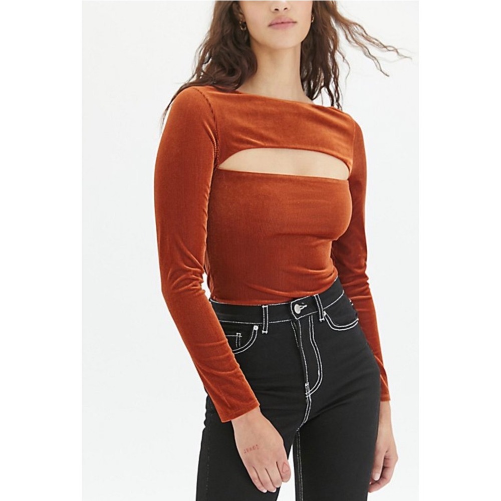 Out From Under Urban Outfitters Rust Ribbed Velvet Cutout Long Sleeve Bodysuit S